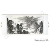Horizontal Black Ink Landscape Painting of Yellow Mountains